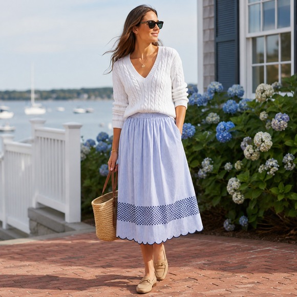J.CREW Dresses & Skirts - J Crew Womens Striped Embroidered Midi Skirt Sz L Blue White Coastal Cottage